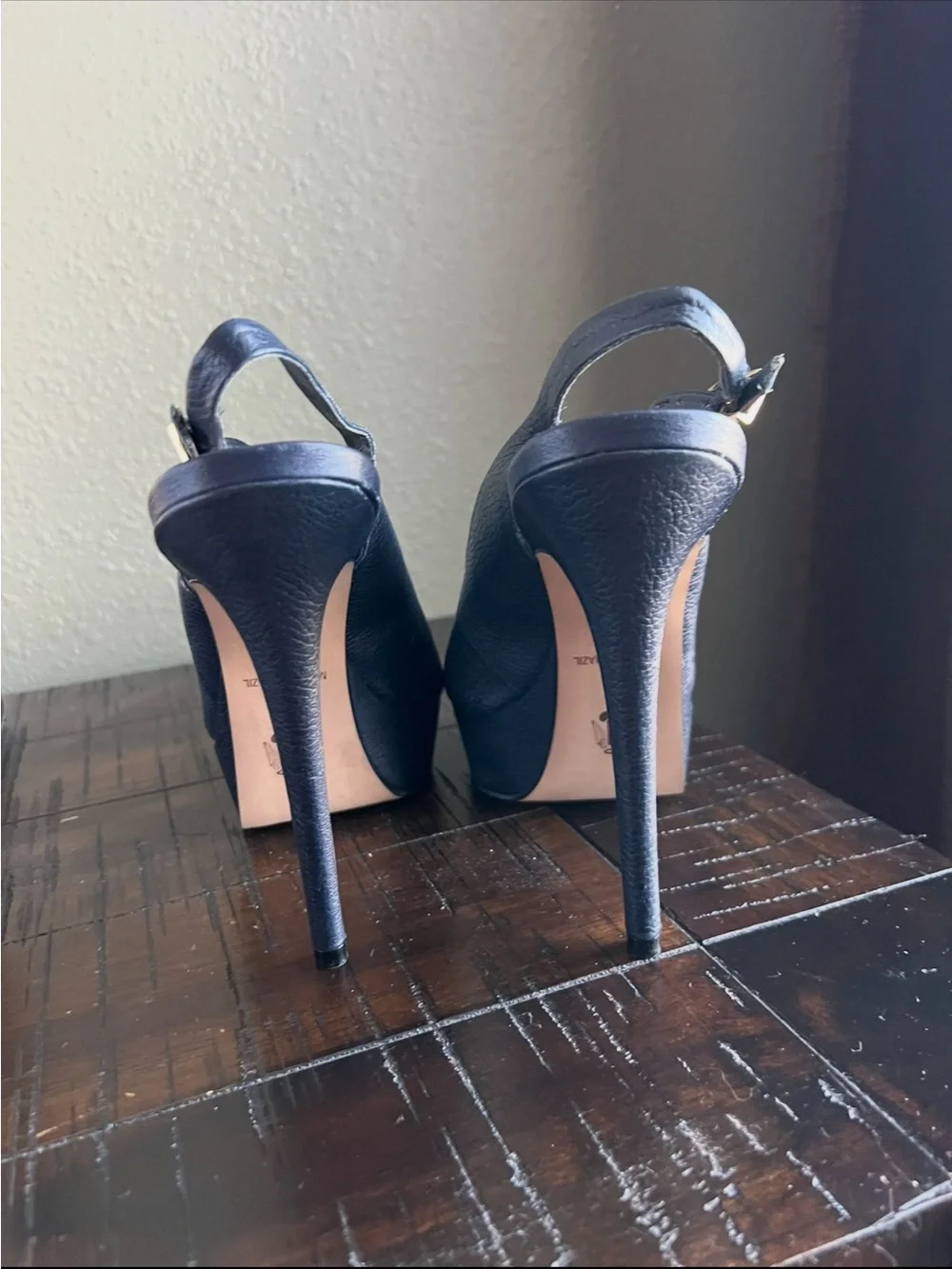 Navy Leather Platform Slingback Heels